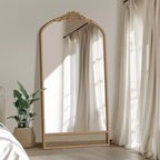 37 in. W x 71 in. H Classic Carved Arch Wood Frame with Rattan Bottom Wall Mirror in Brown
