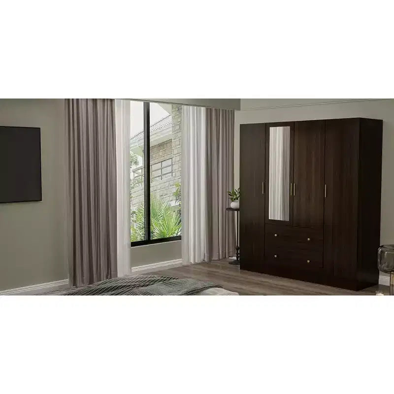 Roupeiro Hitow com 2 gavetas grandes, área central para pendurar roupa e espelho, estilo minimalista