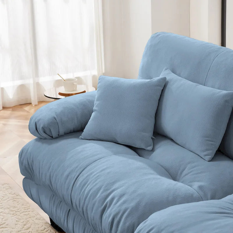 Sofá de dois lugares em forma de L, sofá modular em chenille com almofadas lombares