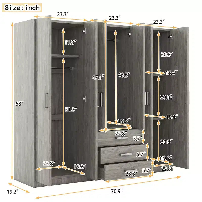 Roupeiro de madeira com 6 portas e gavetas para quarto