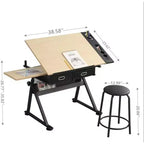 Table de dessin réglable en hauteur, table à dessin inclinable de 0 à 75°, bureau d’artiste pour adultes avec 2 tiroirs de rangement, avec tabouret