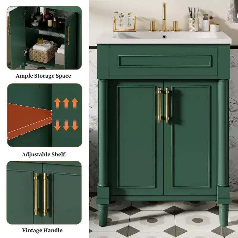 Meuble-lavabo de salle de bains de 24 pouces avec lavabo en céramique, meuble de style Shaker, 2 portes à fermeture amortie et structure en bois massif pour petite salle de bains ou cabinet de toilette