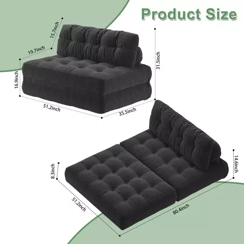 Divano letto futon pieghevole in velluto a coste, poltrona letto trasformabile da pavimento con cuscino e supporto per la schiena