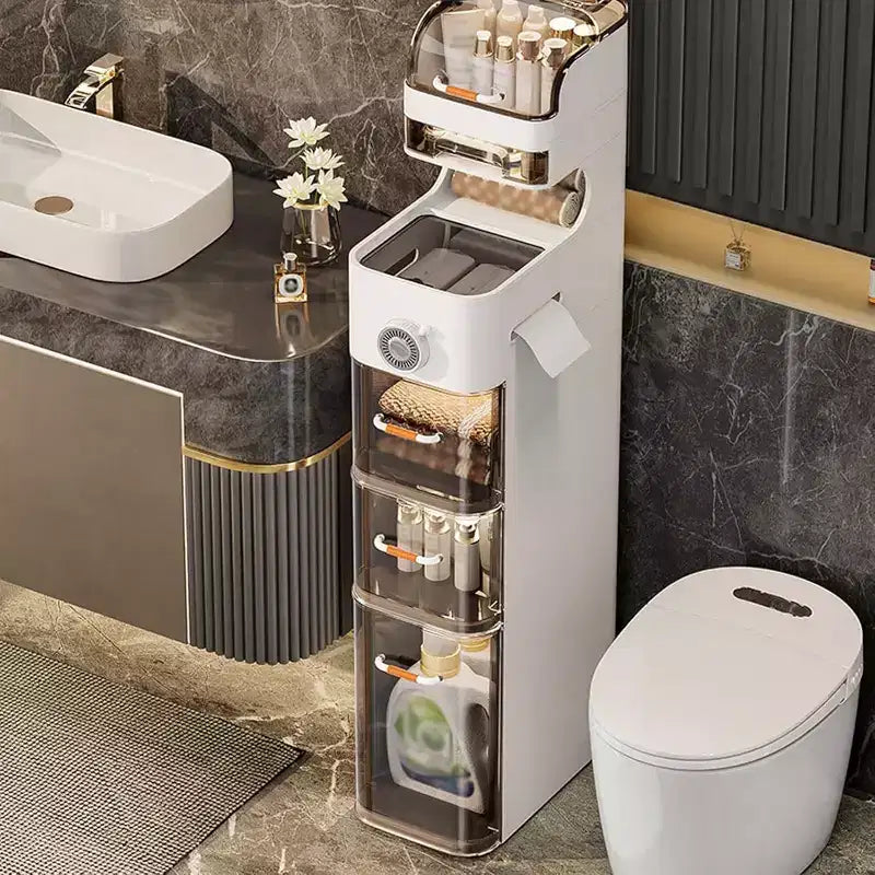 Meuble de salle de bains étroit, meuble de rangement compact à 7 niveaux avec organisateurs étanches, porte-boîte à mouchoirs et roulettes, idéal pour la salle de bains, la cuisine et la buanderie