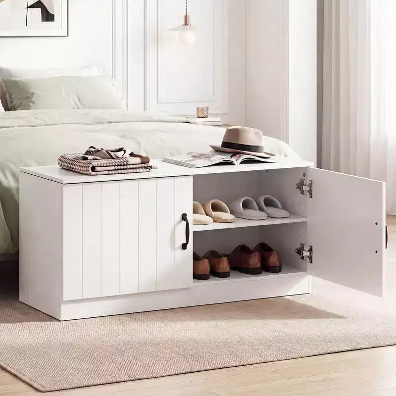 Banc à chaussures à 2 portes avec étagères réglables et espace de rangement dissimulé, naturel + blanc/Whi5te