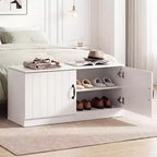 Banc à chaussures à 2 portes avec étagères réglables et espace de rangement dissimulé, naturel + blanc/Whi5te