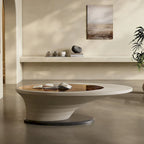 Moderner minimalistischer Couchtisch mit ovaler Glasplatte und hellgrauem Untergestell - L 51.18'W 25.59'H 14.37'
