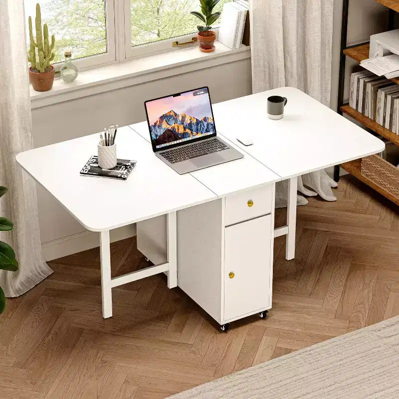 ATJafurn 59" skládací jídelní stůl s odklápěcími deskami do malých prostor, obdélníkový rozkládací kuchyňský stůl ze dřeva s kolečky a úložným prostorem