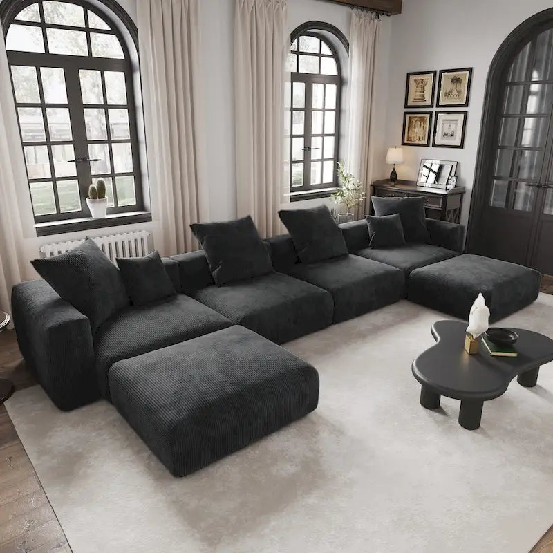 Großes modulares Ecksofa mit Cordbezug, U-förmig, 4-Sitzer, mit 2 Hockern und 5 Kissen