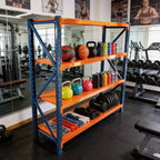 VIYET robuste Garagenregale, 4 Ebenen, verstellbare Metallregale mit 4400 lbs Tragfähigkeit, blau-orangefarbene industrielle Aufbewahrung für Gewerbe, Werkzeuge und Fitnessstudio