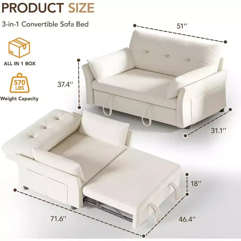 Divano letto trasformabile 3-in-1 Dyonery, divano letto estraibile con tasca laterale e schienale regolabile, montaggio senza attrezzi, divanetto pieghevole