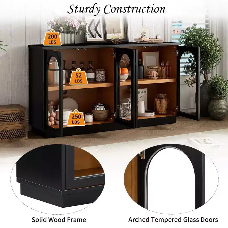 Großes Buffet-Sideboard mit 4 Türen und Glastüren, gewölbter Schrank mit verstellbaren Einlegeböden für die Küche