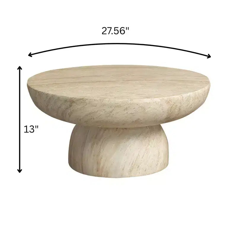 Ronde salontafel van fiberstone op sokkel, sculpturale bijzettafel voor binnen en buiten met antislipvoetjes