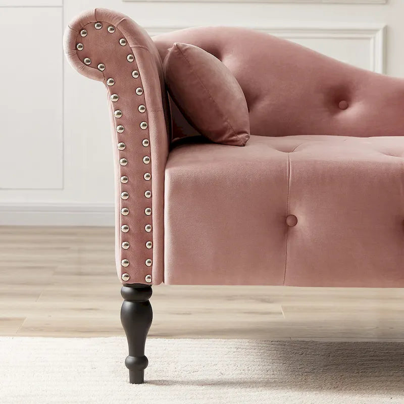 Moderne chaise longue van 60,6 inch met fluwelen bekleding, gecapitonneerde knopen, massief houten poten en sierspijkers