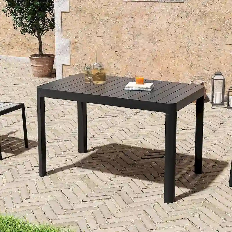 Zewnętrzny aluminiowy zestaw jadalniany na taras, 5/7 elementów, z krzesłami sztaplowanymi i rozkładanym stołem