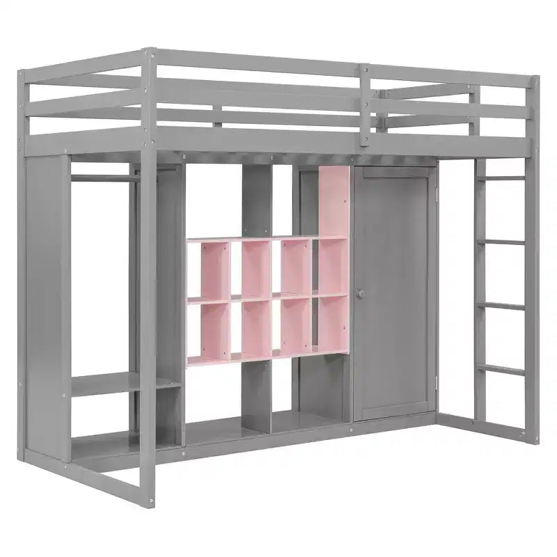 Lit mezzanine pour enfants avec armoire et étagères, cadre de lit mezzanine en bois avec meuble de rangement pour enfants et adolescents