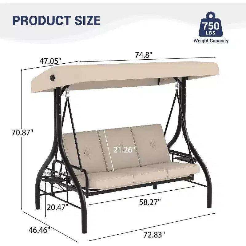 Altalena da esterno convertibile 2-in-1 a 3 posti con tettuccio regolabile, letto-altalena da patio con supporto, cuscini spessi e portabicchieri, per cortile, giardino e veranda