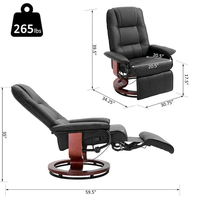 Fauteuil inclinable HomCom en similicuir, réglable, à base pivotante et commande manuelle, avec repose-pieds confortable et relaxant