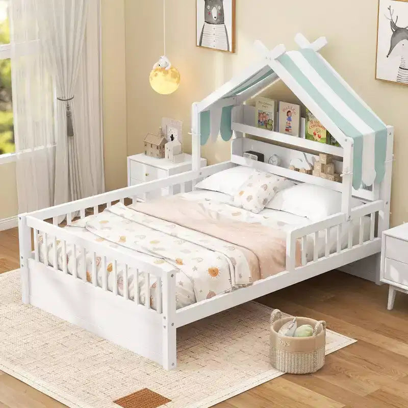 Cama-casa de madeira ModernLuxe para colchão individual/cama de casal com cabeceira com arrumação, estrutura de cama infantil em pinho maciço com grades de proteção