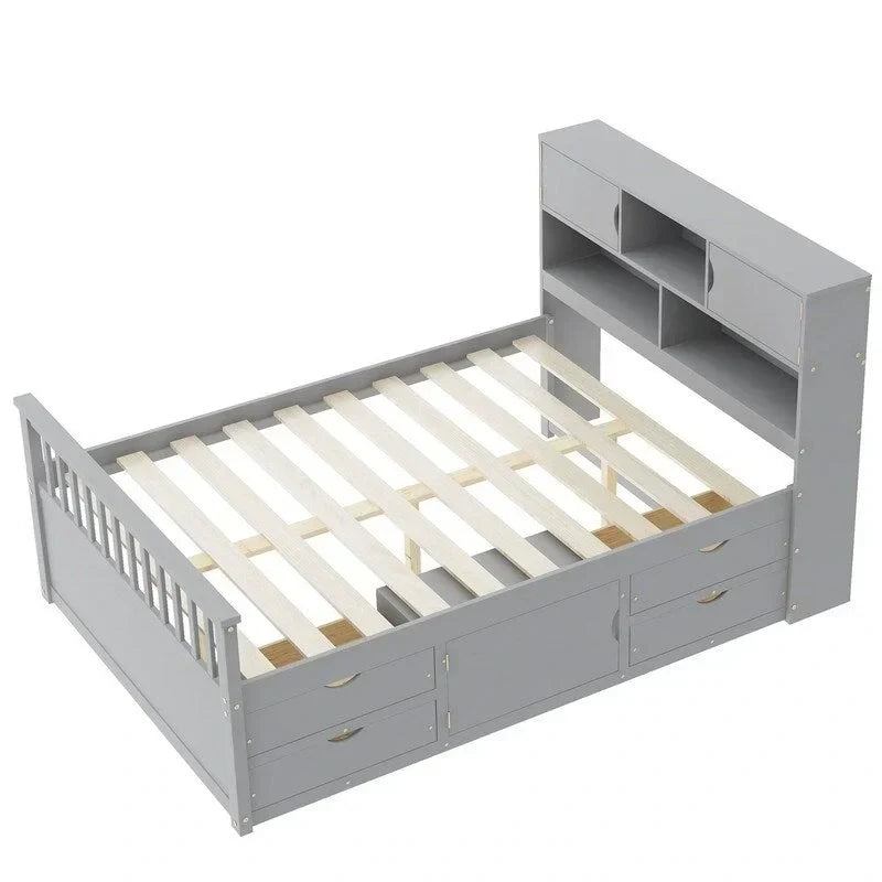 Letto a piattaforma Captain matrimoniale o singolo con 4 cassetti e ripiani contenitori, struttura in legno massello con testiera libreria contenitore