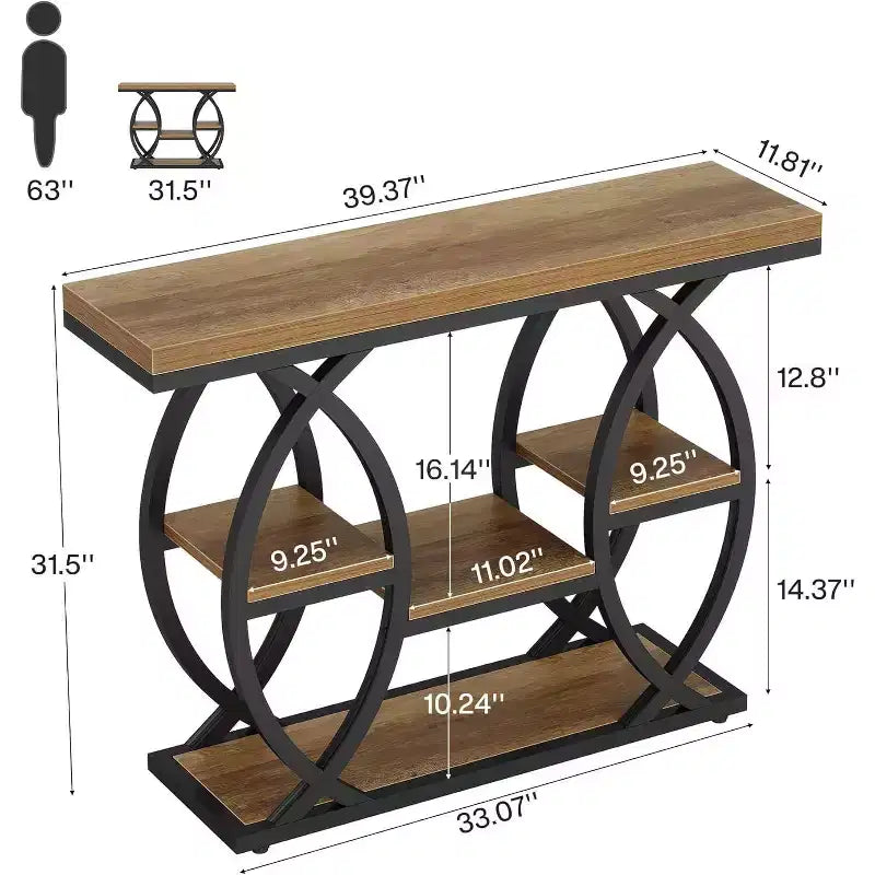 Lantine 39,4-Zoll-Konsolentisch, industrieller 4-stufiger Sofatisch und Flurtisch mit Ablagefächern und Metallgestell für kleine Räume, Flur, Eingangsbereich, Braun