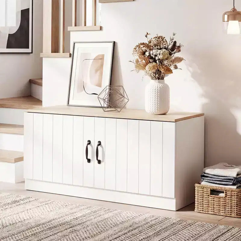 Banc à chaussures à 2 portes avec étagères réglables et espace de rangement dissimulé, naturel + blanc/Whi5te