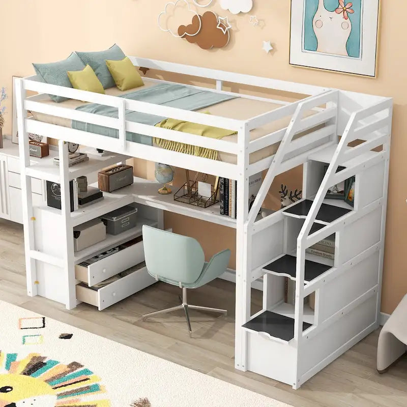 Letto a soppalco singolo con scrivania e mensole, due cassetti integrati e scala contenitore