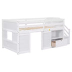 Letto rialzato basso singolo in legno massello da 94,6 L x 42,3 L, con scala, cassetto e ripiano, design moderno e pulito