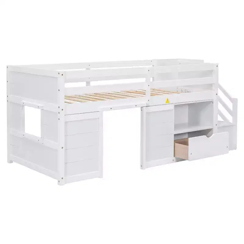 Letto rialzato basso singolo in legno massello da 94,6 L x 42,3 L, con scala, cassetto e ripiano, design moderno e pulito