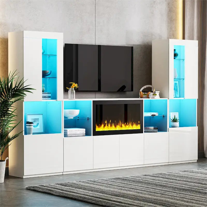 Mobile TV con caminetto elettrico non riscaldante da 34,2", Centro di intrattenimento con luce LED, Ripiani in vetro temperato per TV fino a 75"
