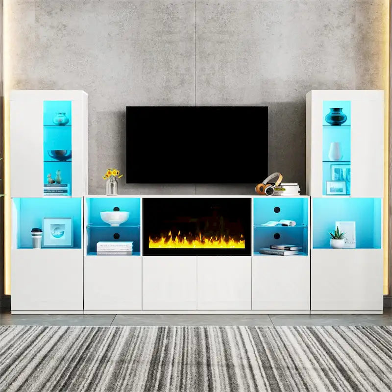 Mobile TV con caminetto elettrico non riscaldante da 34,2", Centro di intrattenimento con luce LED, Ripiani in vetro temperato per TV fino a 75"