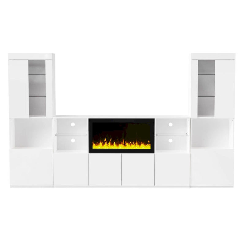 Mobile TV con caminetto elettrico non riscaldante da 34,2", Centro di intrattenimento con luce LED, Ripiani in vetro temperato per TV fino a 75"