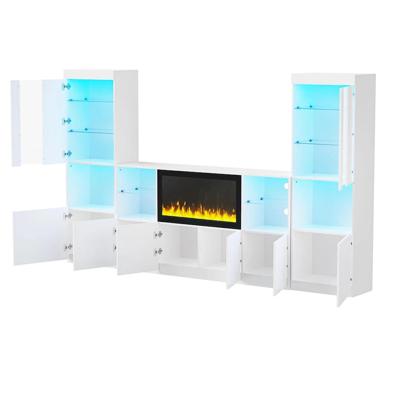 Mobile TV con caminetto elettrico non riscaldante da 34,2", Centro di intrattenimento con luce LED, Ripiani in vetro temperato per TV fino a 75"