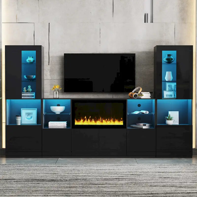 Mobile TV con caminetto elettrico non riscaldante da 34,2", Centro di intrattenimento con luce LED, Ripiani in vetro temperato per TV fino a 75"