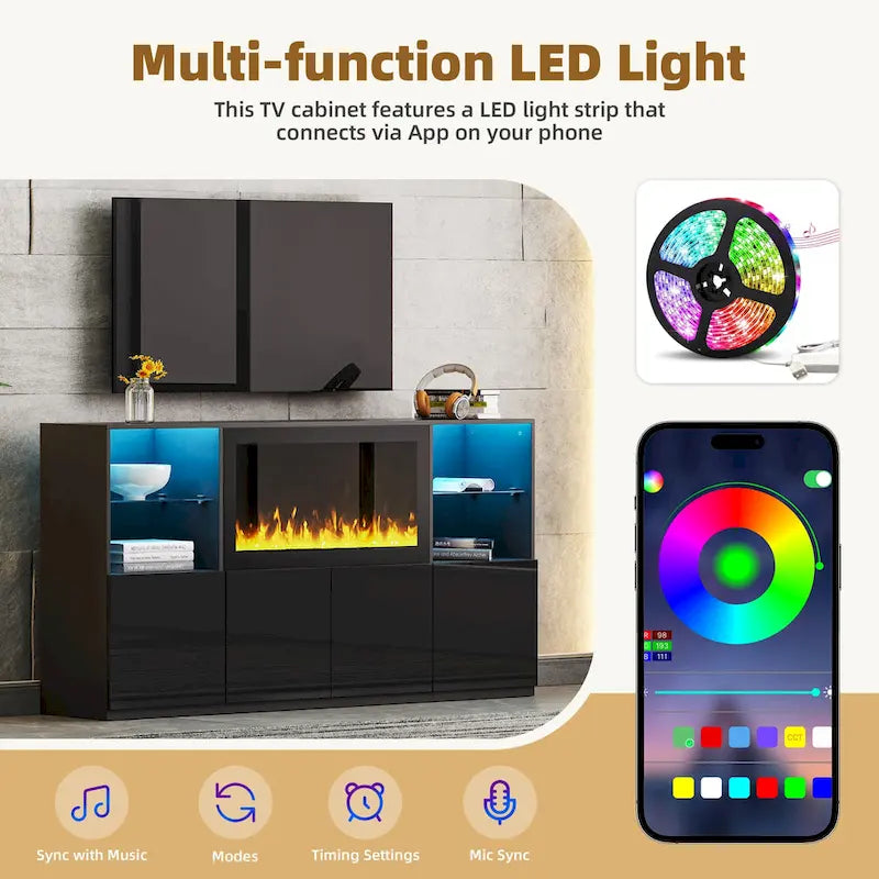 Mobile TV con caminetto elettrico non riscaldante da 34,2", Centro di intrattenimento con luce LED, Ripiani in vetro temperato per TV fino a 75"
