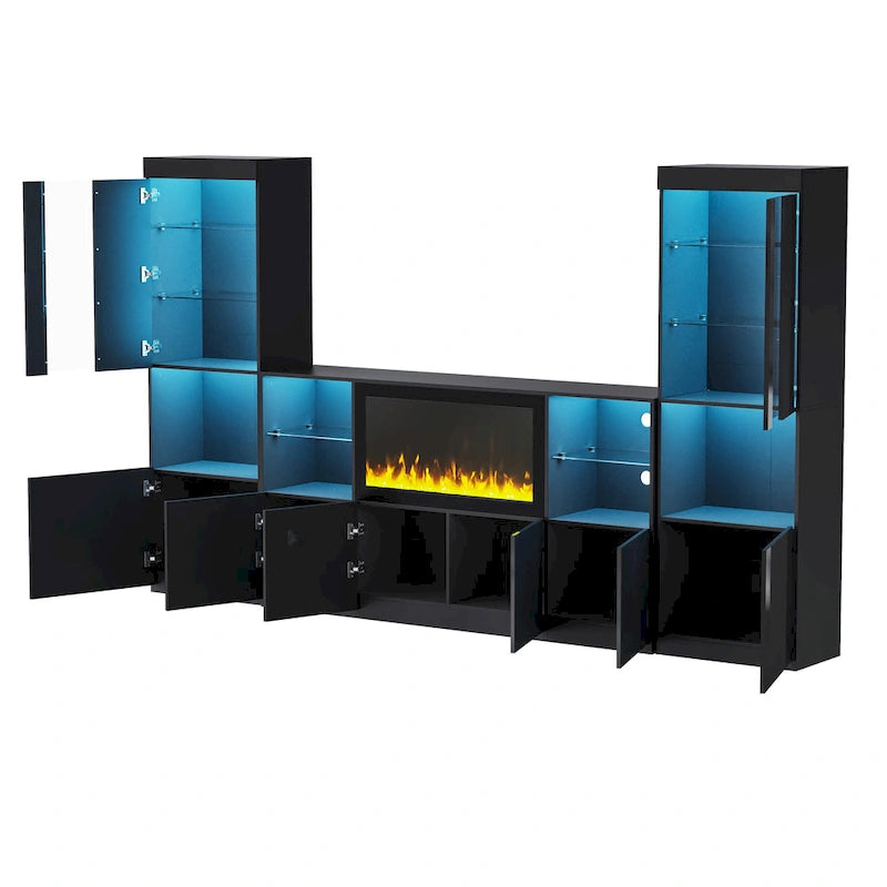 Mobile TV con caminetto elettrico non riscaldante da 34,2", Centro di intrattenimento con luce LED, Ripiani in vetro temperato per TV fino a 75"