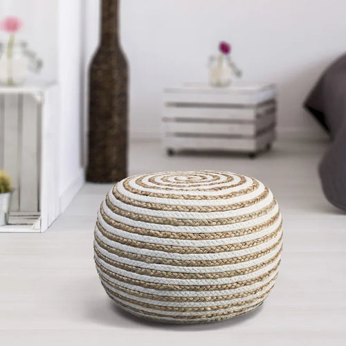 20 Pouf rotondo in maglia bicolore bianco e marrone chiaro