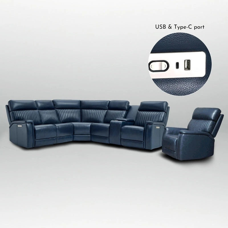 Divano componibile a 105 W in vera pelle con reclinabile e console singola, porte USB e USB-C, 1 poltrona reclinabile senza braccioli