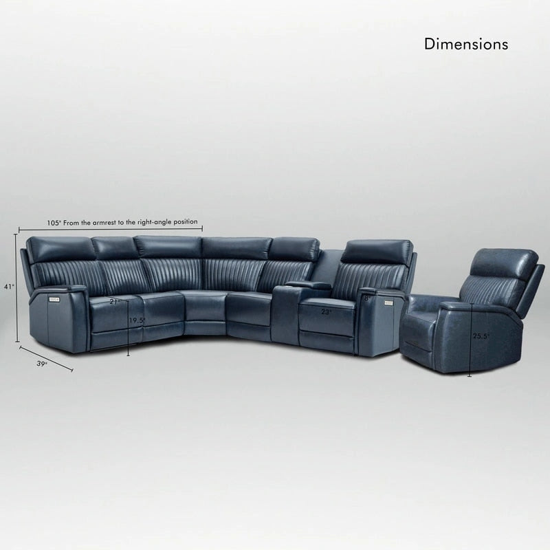 Divano componibile a 105 W in vera pelle con reclinabile e console singola, porte USB e USB-C, 1 poltrona reclinabile senza braccioli
