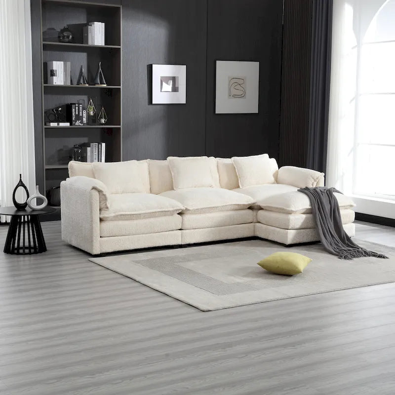 Divano Sezionale Angolare a 4 Posti Beige 112.2 in Tessuto Bouclé Moderno con Cuscini Sfoderabili e Braccioli Staccabili