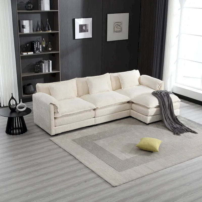 Divano Sezionale Angolare a 4 Posti Beige 112.2 in Tessuto Bouclé Moderno con Cuscini Sfoderabili e Braccioli Staccabili