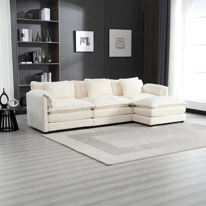 Divano Sezionale Angolare a 4 Posti Beige 112.2 in Tessuto Bouclé Moderno con Cuscini Sfoderabili e Braccioli Staccabili