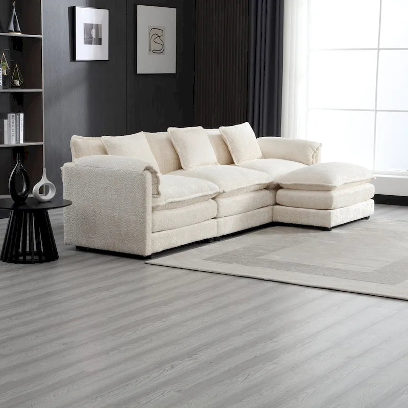 Divano Sezionale Angolare a 4 Posti Beige 112.2 in Tessuto Bouclé Moderno con Cuscini Sfoderabili e Braccioli Staccabili