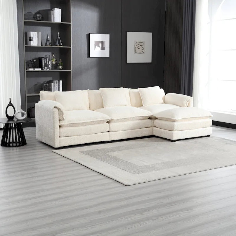 Divano Sezionale Angolare a 4 Posti Beige 112.2 in Tessuto Bouclé Moderno con Cuscini Sfoderabili e Braccioli Staccabili