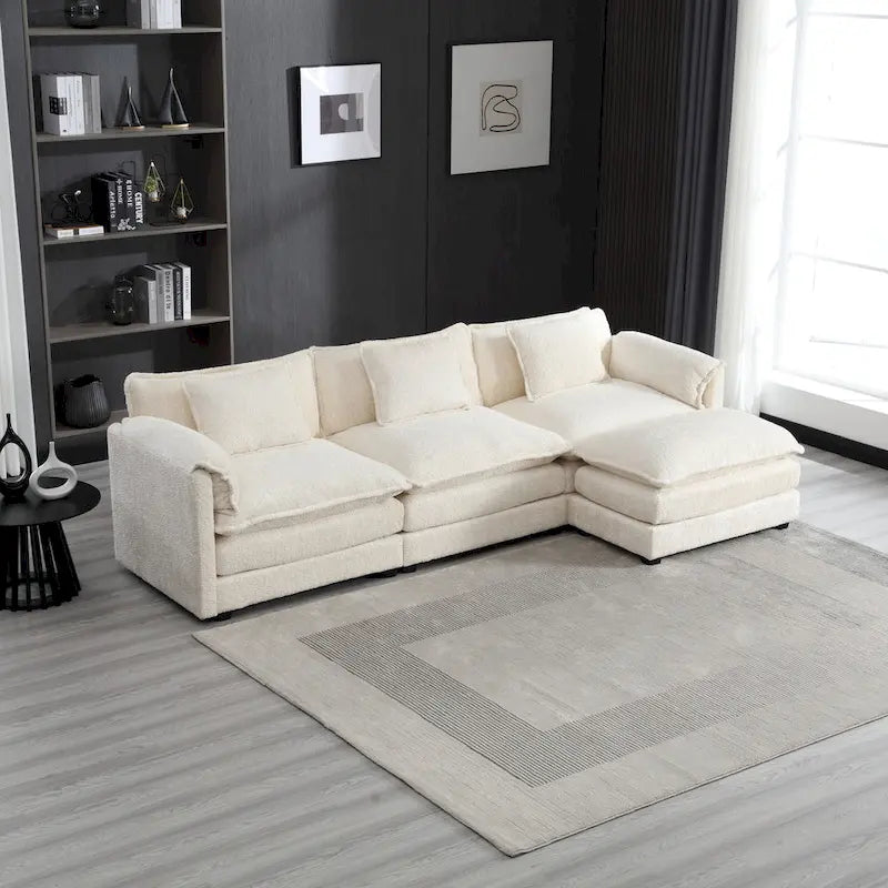Divano Sezionale Angolare a 4 Posti Beige 112.2 in Tessuto Bouclé Moderno con Cuscini Sfoderabili e Braccioli Staccabili