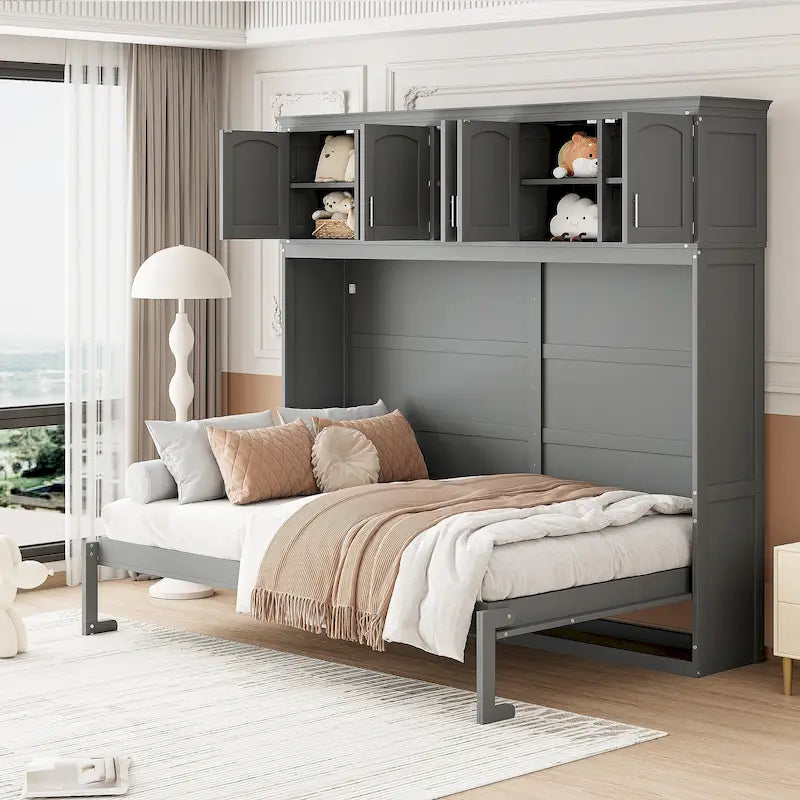 Letto a scomparsa matrimoniale multifunzione grigio con armadietti superiori