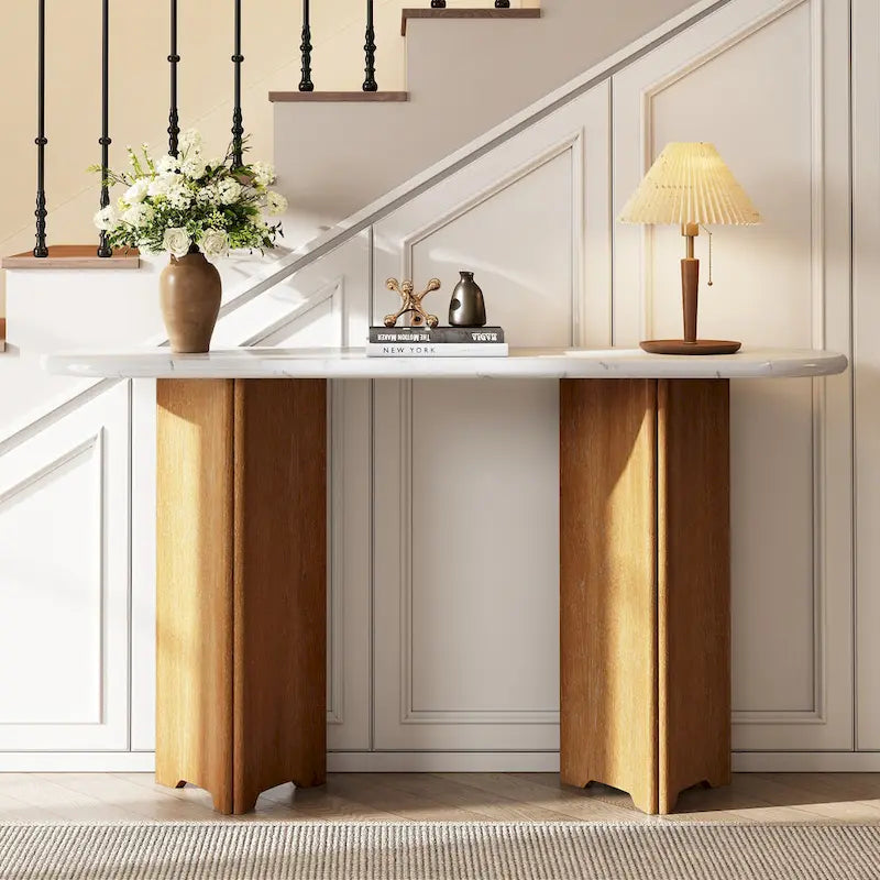 Consolle da 53,9" con piano in finto marmo e base in legno