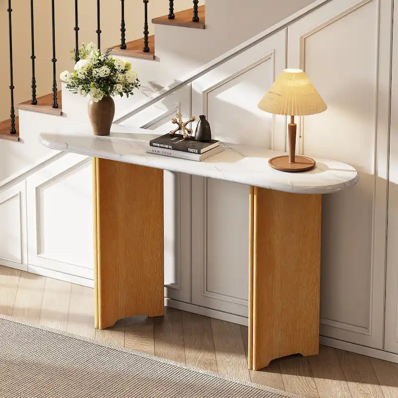 Consolle da 53,9" con piano in finto marmo e base in legno