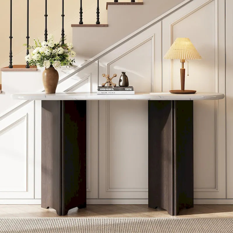 Consolle da 53,9" con piano in finto marmo e base in legno