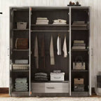Armoire-penderie en bois à 4 portes avec tringle, 1 tiroir et étagères de rangement